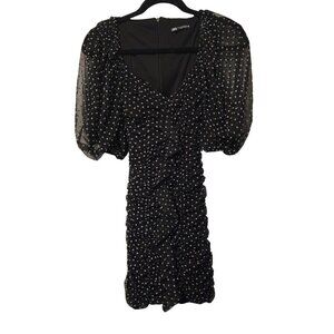 Zara sz XS Mini Dress Black Polka Dot Sheer Puff Sleeve Ruched Ruffle